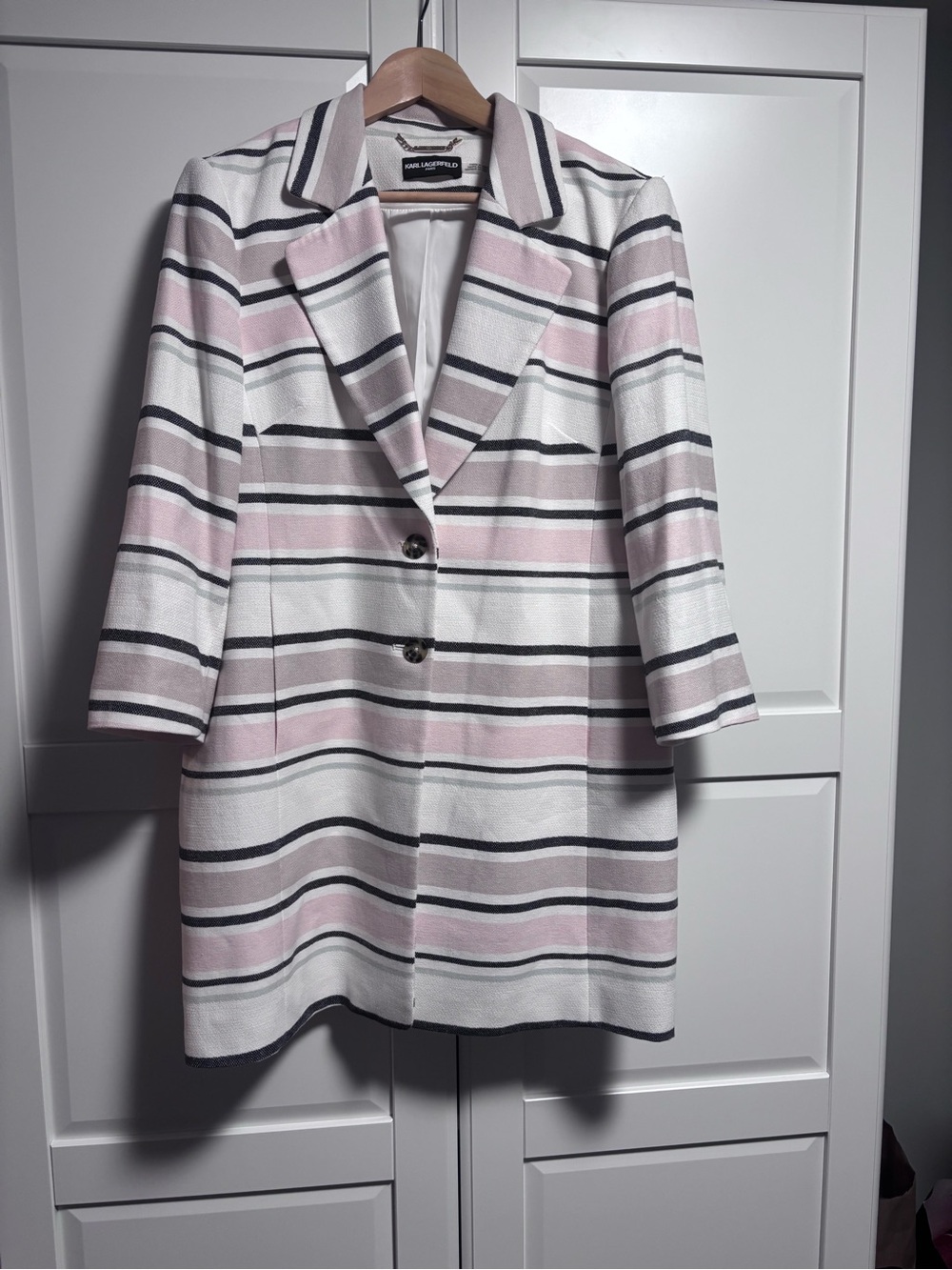 Karl Lagerfeld Pink White Brown and Light Blue Striped Longline Blazer Coat S